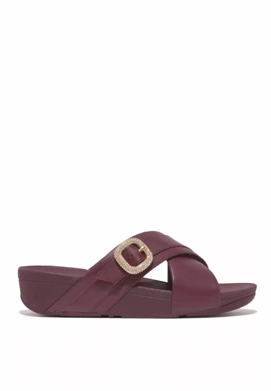 NEW FITFLOP women's lulu crystal-buckle leather cross slides in mauve wine